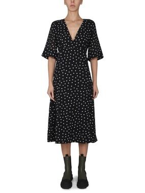 Black Polka Dot V-Neck Midi Dress